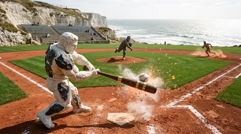 A limestone-and-flint batter striking a baseball in a burst of orange sparks at home plate on a sunlit coastal diamond.