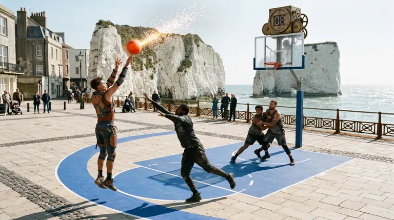 Four armored street-court players in a two-on-two basketball match as a spark-trailed jump shot arcs toward a sunlit hoop.