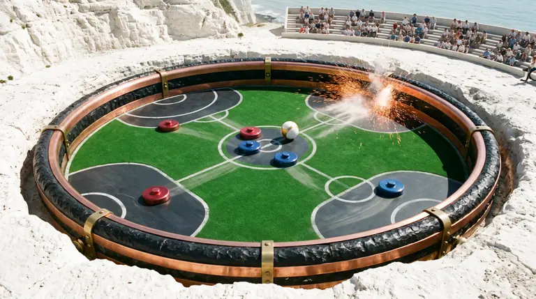 Crimson and cobalt striker discs colliding around a glowing ball inside a walled emerald and slate rink carved into white chalk.