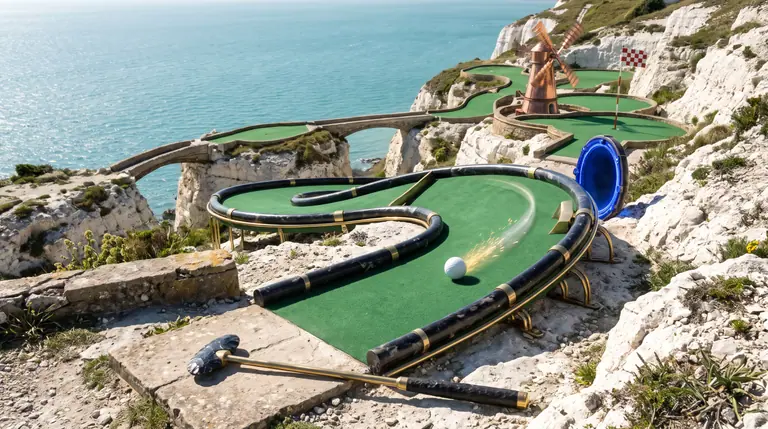 A white golf ball banking off a flint rail toward a glowing blue portal and copper windmill on a sunlit cliffside mini-golf hole.