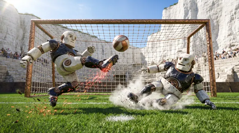 Two stone-and-flint football figures contesting a mid-air volley in front of a bronze goal frame on an emerald pitch.