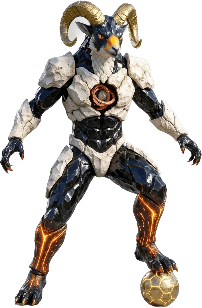 Flintor Vane in an athletic ready stance with a match ball at his feet.