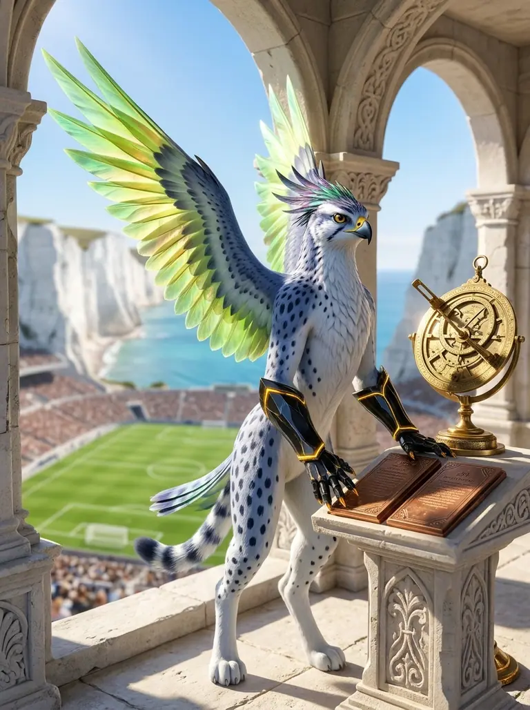 Vollera Kestrel standing beside a brass telemetry astrolabe and copper match slates on a sunlit balcony overlooking the stadium.