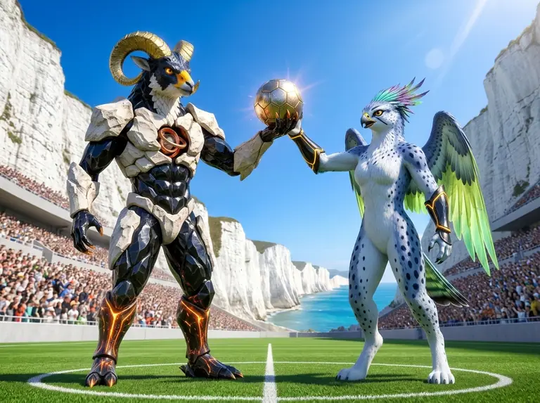 Flintor Vane and Vollera Kestrel standing side by side at the stadium centre circle, holding a glowing flint-and-pyrite match sphere.