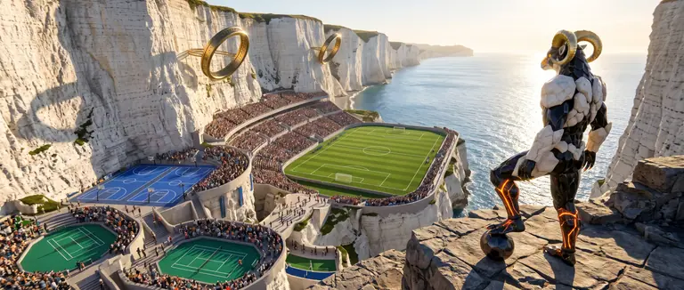 Flintor Vane standing with a match sphere on a high stone terrace overlooking interconnected sports courts carved into white coastal chalk cliffs.