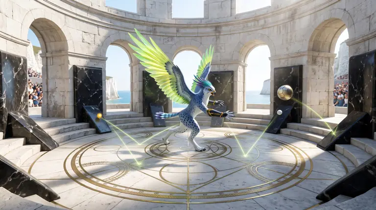 Vollera Kestrel deflecting sports spheres off angled flint rebound walls inside a sunlit limestone training rotunda.